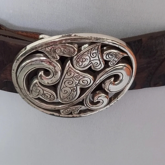 Brighton Dark Brown Handtooled Leather Belt with Silver Heart Oval Buckle - Picture 9 of 15
